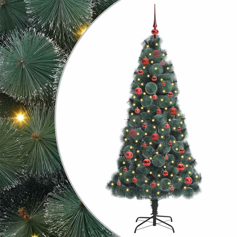 vidaXL Műfenyő előre világítva gömbökkel 150 LED-del Zöld 150 cm PET