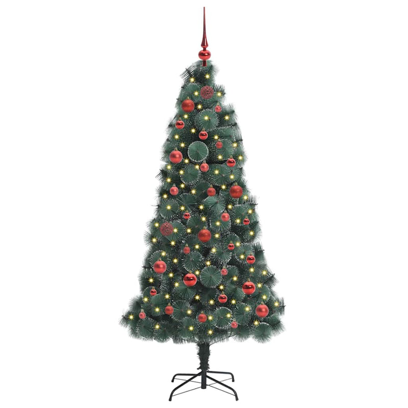 vidaXL Műfenyő előre világítva gömbökkel 150 LED-del Zöld 150 cm PET