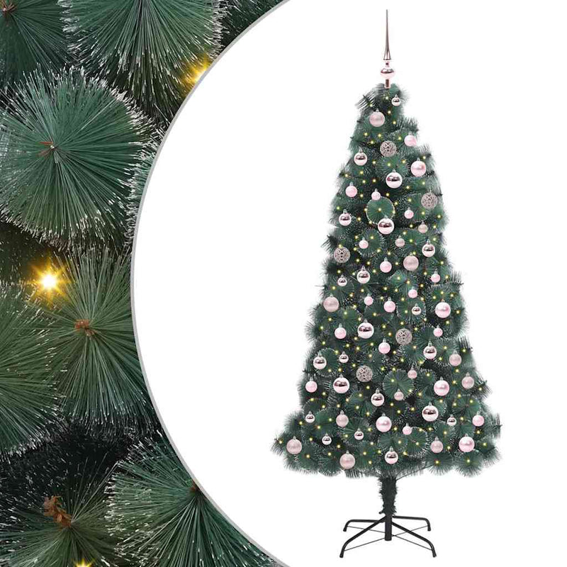 vidaXL Műanyag Elővilágított Karácsonyfa Gömbökkel Zöld 180 cm PET