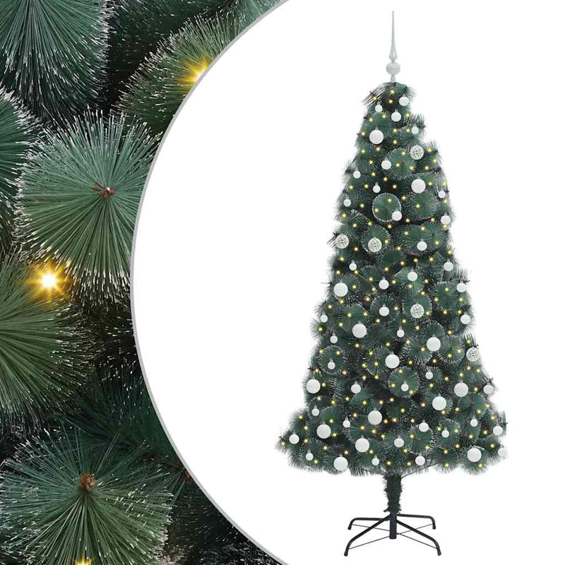 vidaXL Műfenyő LED világítással és gömbszettel Zöld 180 cm PET