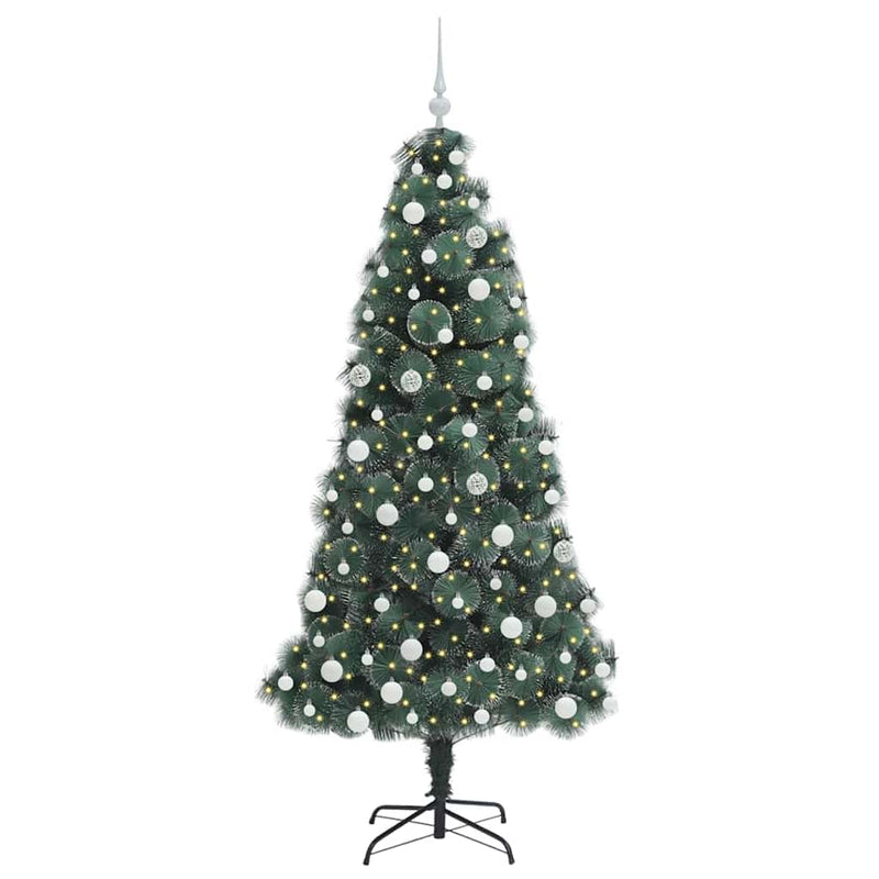 vidaXL Műfenyő LED világítással és gömbszettel Zöld 180 cm PET