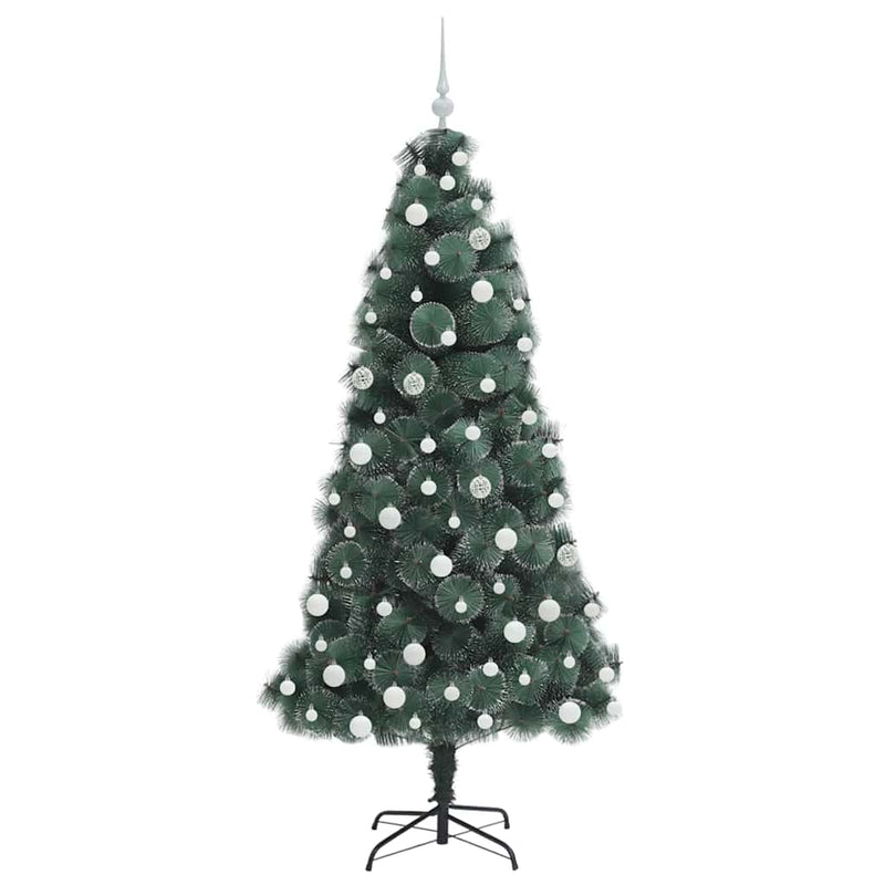 vidaXL Műfenyő LED világítással és gömbszettel Zöld 180 cm PET