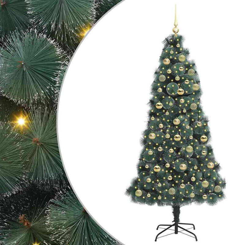 vidaXL Műfenyő világítással, gömbökkel 300 LED-del Zöld 180 cm PET