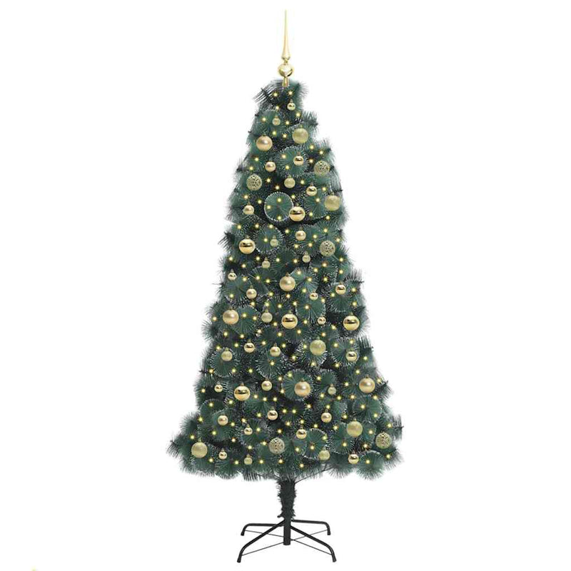 vidaXL Műfenyő világítással, gömbökkel 300 LED-del Zöld 180 cm PET