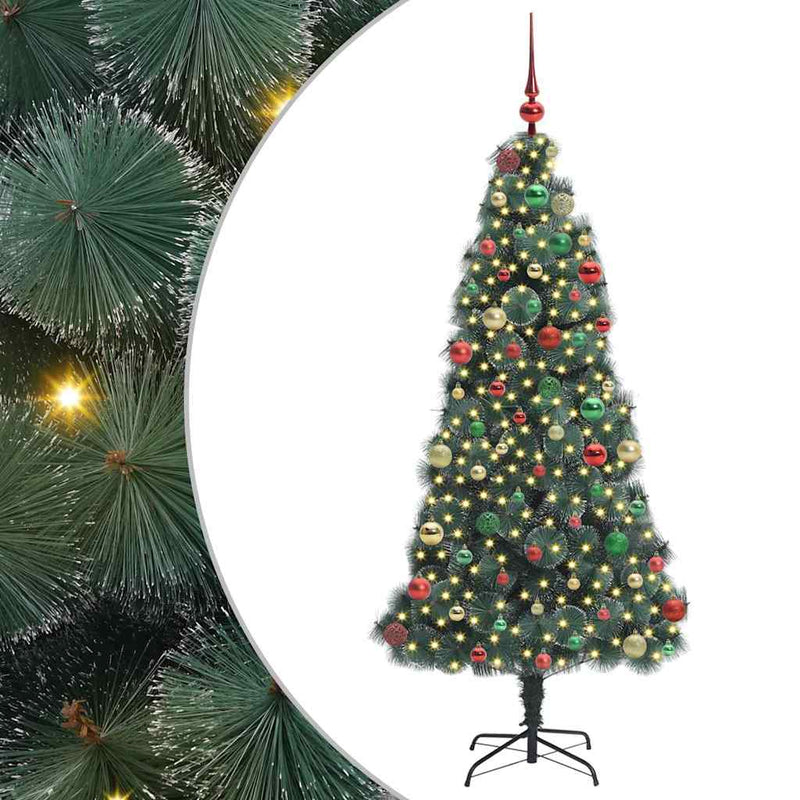 vidaXL Műfenyő, beépített fényekkel, gömb díszekkel Zöld 180 cm PET