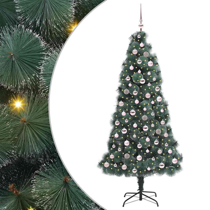 vidaXL Műfenyő világítással és gömbszettel 300 LED-del Zöld 210 cm PET