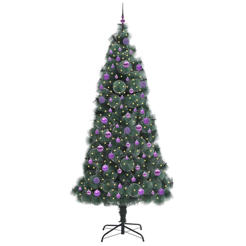 vidaXL Műfenyő LED világítással, gömbökkel 300 LED-del Zöld 240 cm PET