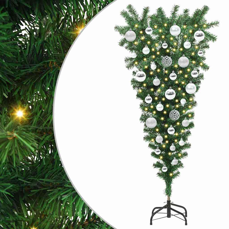 vidaXL Felfordított műfenyő LED világítással és gömb készlettel 120 cm
