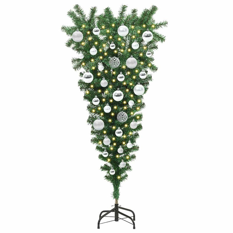 vidaXL Felfordított műfenyő LED világítással és gömb készlettel 120 cm