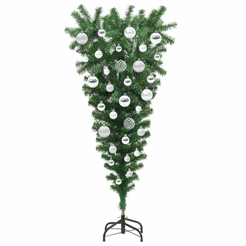 vidaXL Felfordított műfenyő LED világítással és gömb készlettel 120 cm