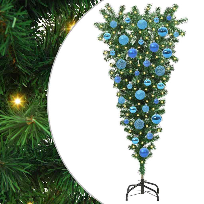 vidaXL Felfordított Műfenyő Elővilágítással és Gömbökkel Zöld 120 cm