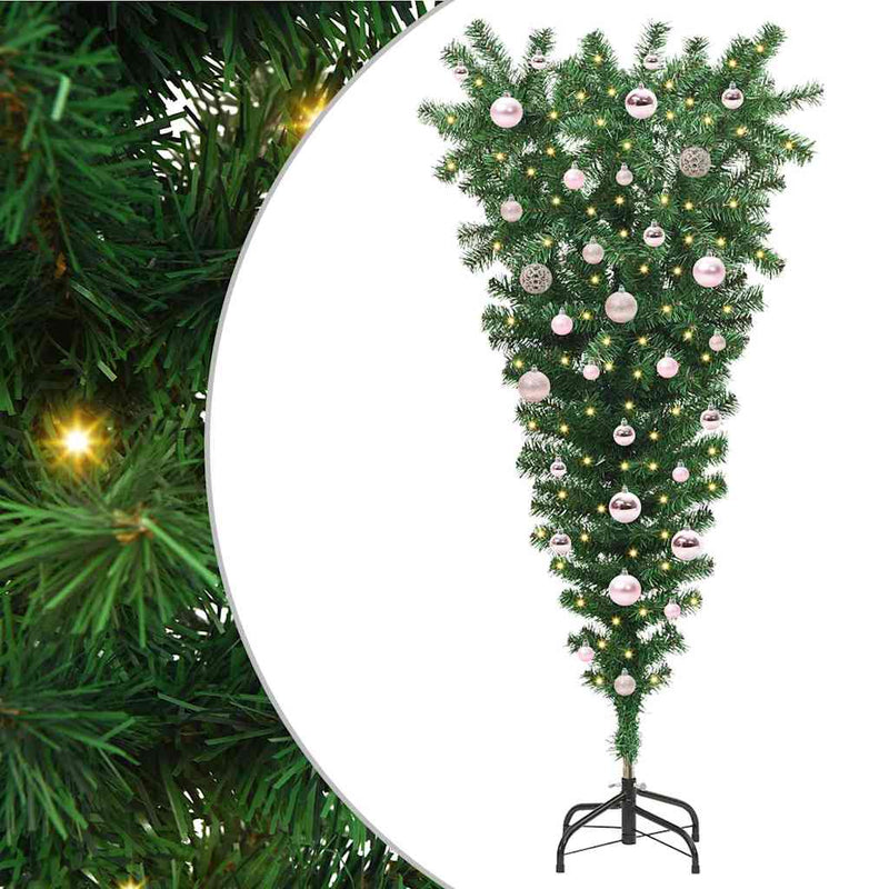 vidaXL Felfelé fordított műfenyő világítással és golyókkal Zöld 150 cm