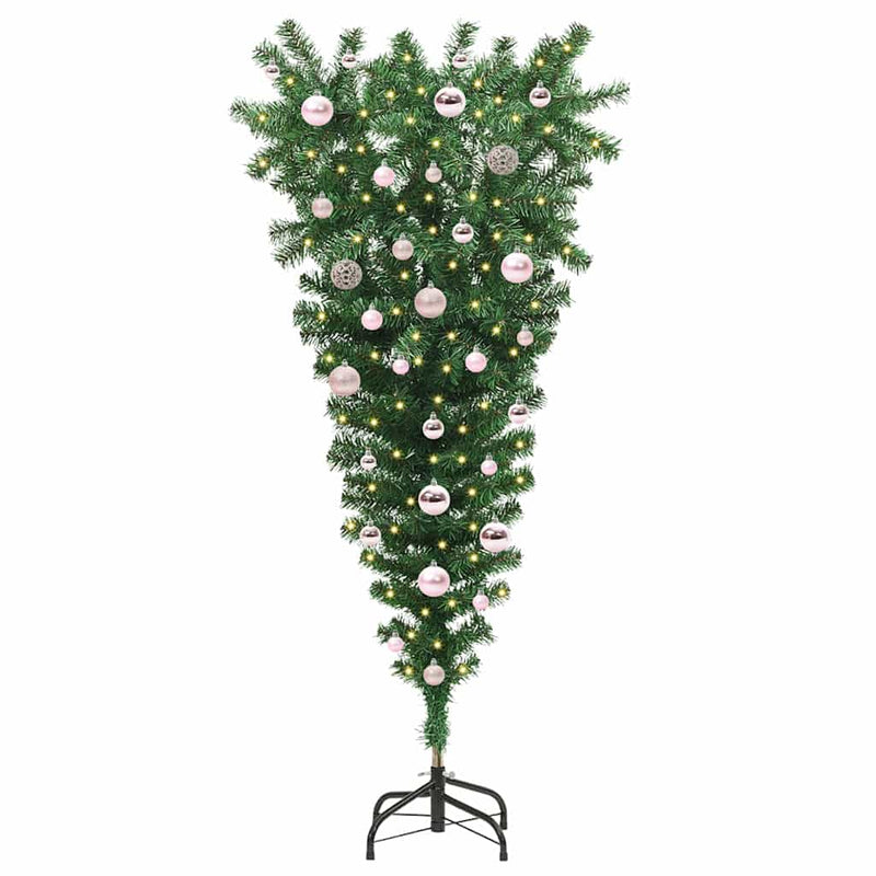 vidaXL Felfelé fordított műfenyő világítással és golyókkal Zöld 150 cm