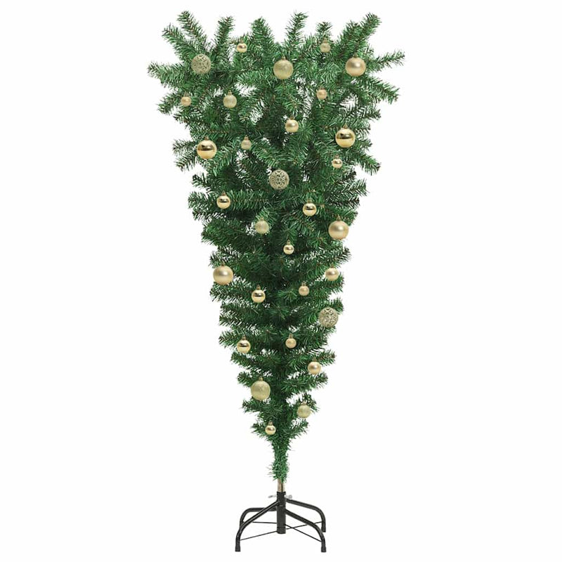 vidaXL Felfelé álló műfenyő világítással és gömbökkel Zöld 150 cm PVC