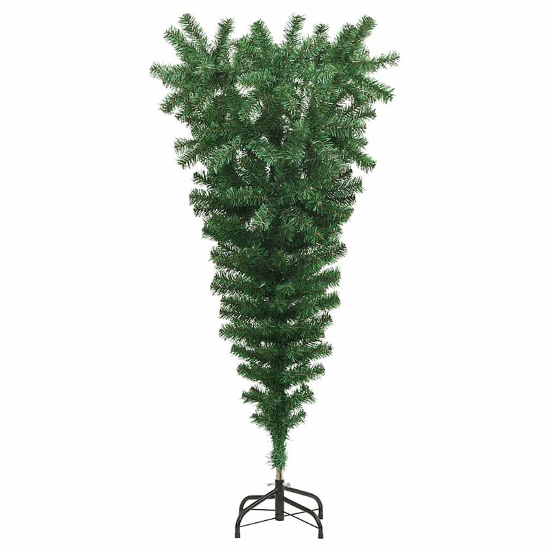 vidaXL Felfelé álló műfenyő világítással és gömbökkel Zöld 150 cm PVC