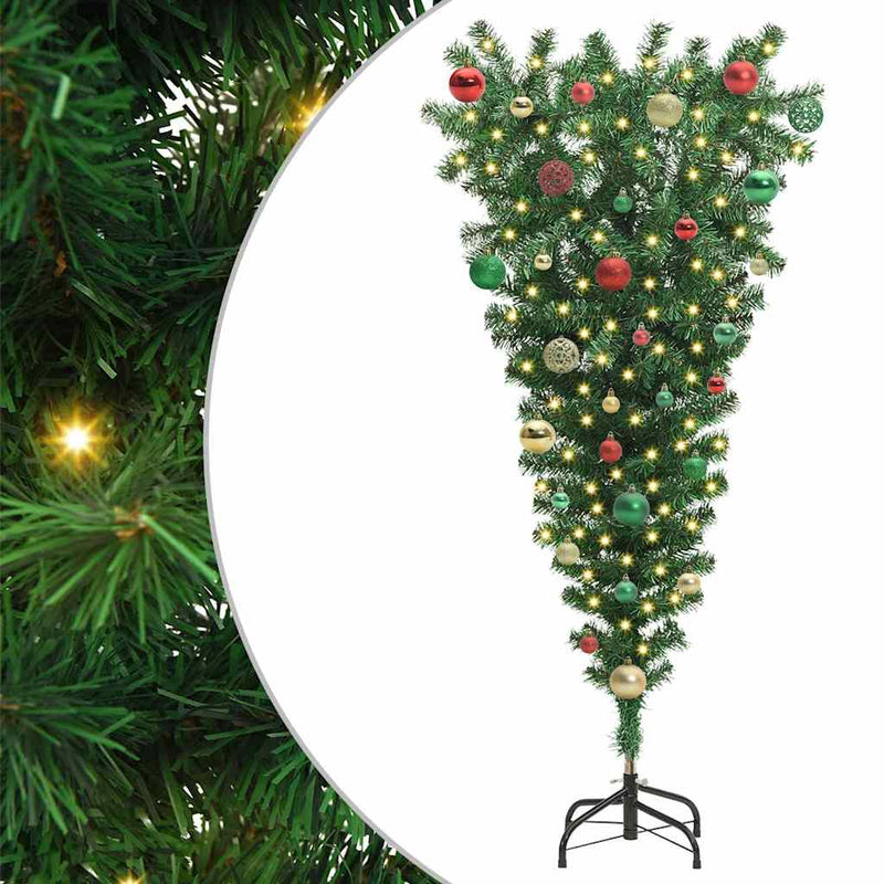 vidaXL Felfelé álló műfenyő, előre kivilágítva labdasorral Zöld 150 cm