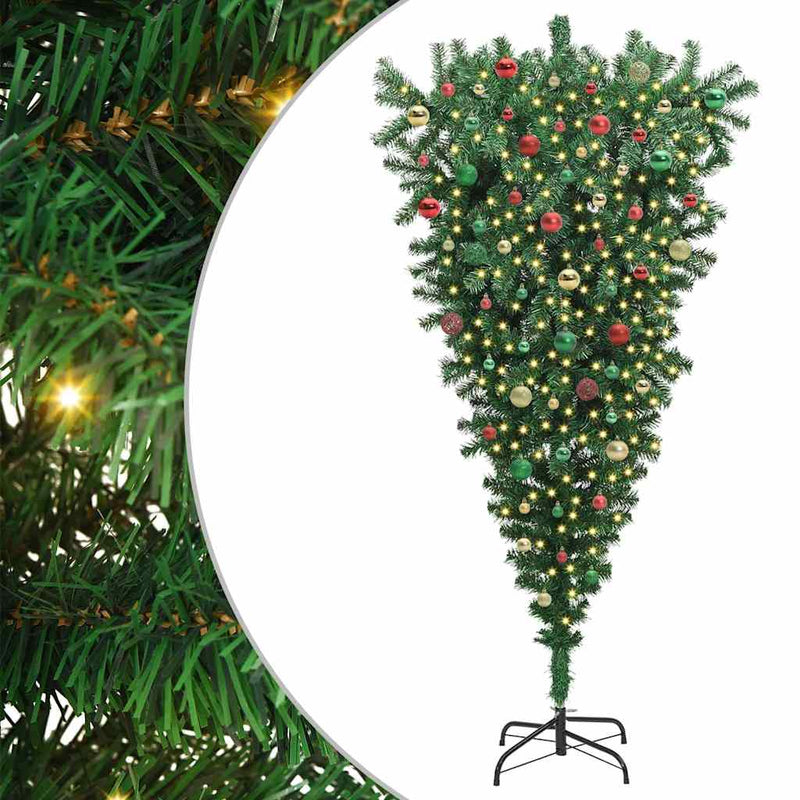vidaXL Felfelé álló műfenyő, világítással, gömbökkel Zöld 180 cm PVC