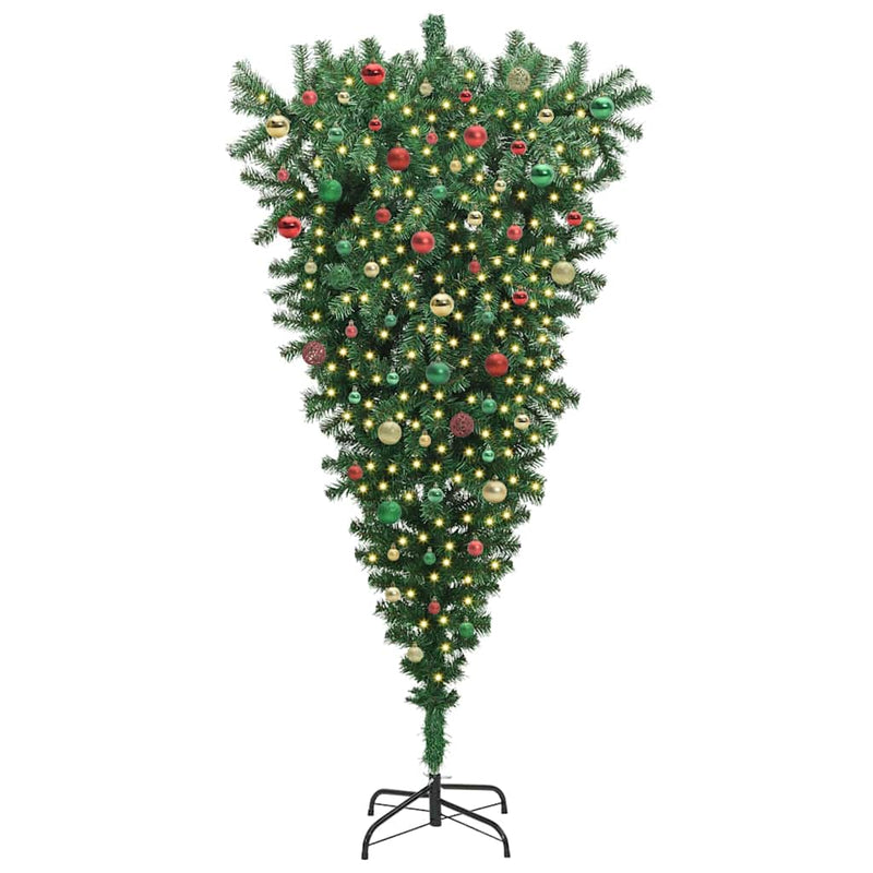 vidaXL Felfelé álló műfenyő, világítással, gömbökkel Zöld 180 cm PVC