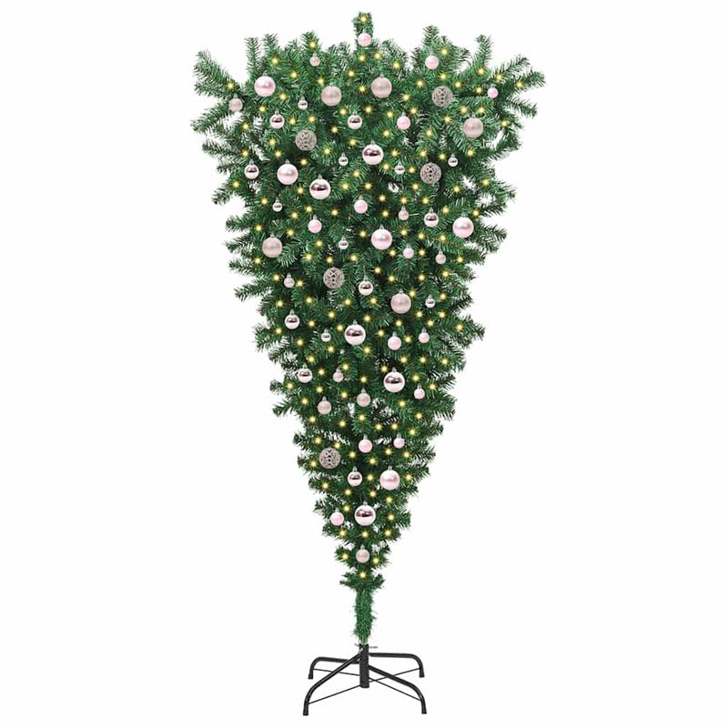vidaXL Felfelé álló műfenyő, előre világítva, gömb készlettel 210 cm