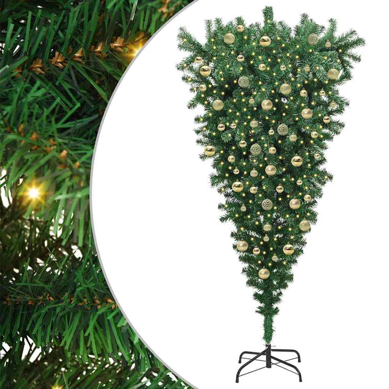 vidaXL Felfelé álló műfenyő, világítással, gömbökkel Zöld 210 cm PVC