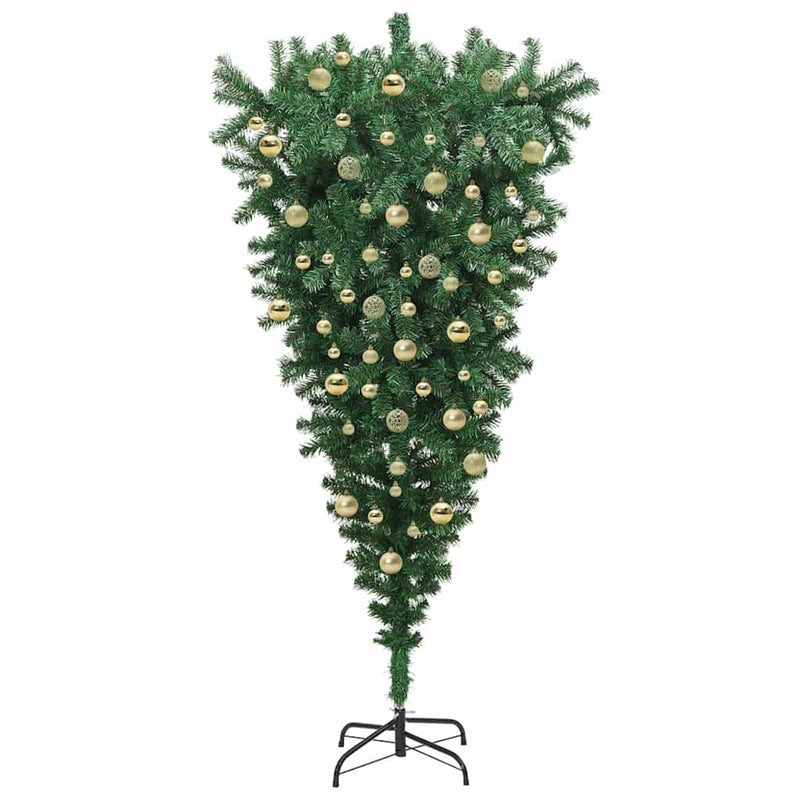 vidaXL Felfelé álló műfenyő, világítással, gömbökkel Zöld 210 cm PVC