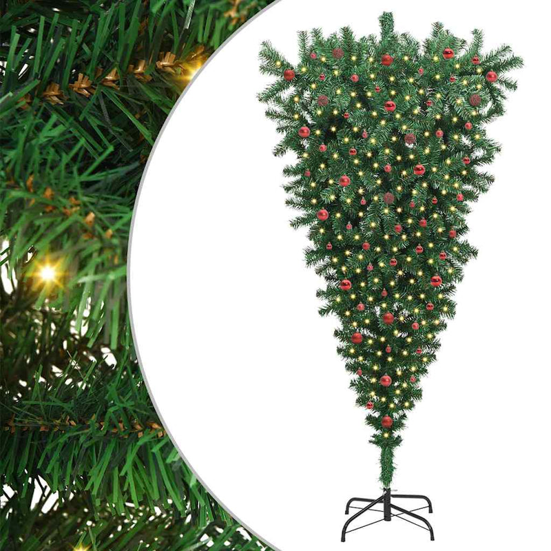 vidaXL Fejjel lefelé álló műfenyő, előre világítva, gömbdíszes szett