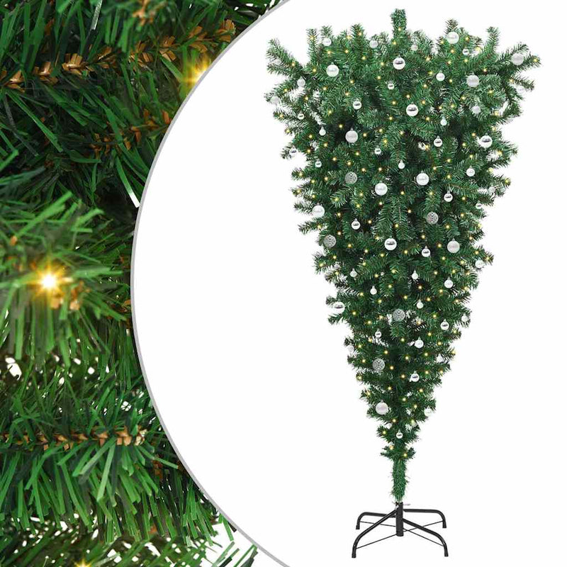 vidaXL Felfordított műfenyő előre világítós díszekkel Zöld 240 cm PVC