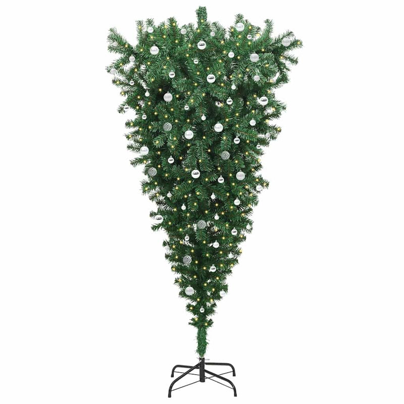 vidaXL Felfordított műfenyő előre világítós díszekkel Zöld 240 cm PVC