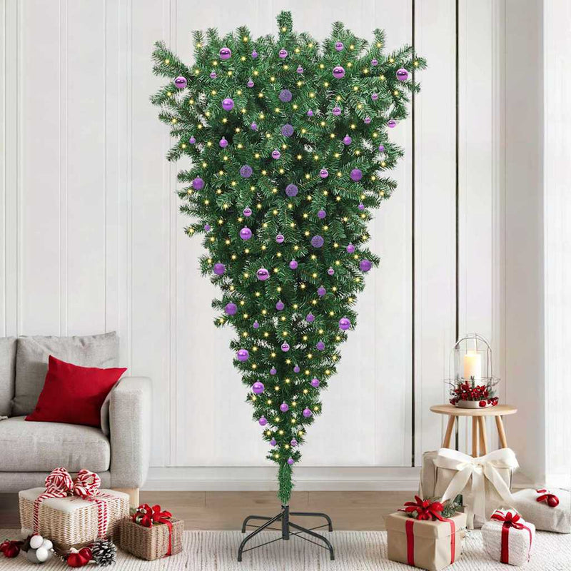 vidaXL Felfelé álló műfenyő világító díszkészlettel Zöld 240 cm PVC