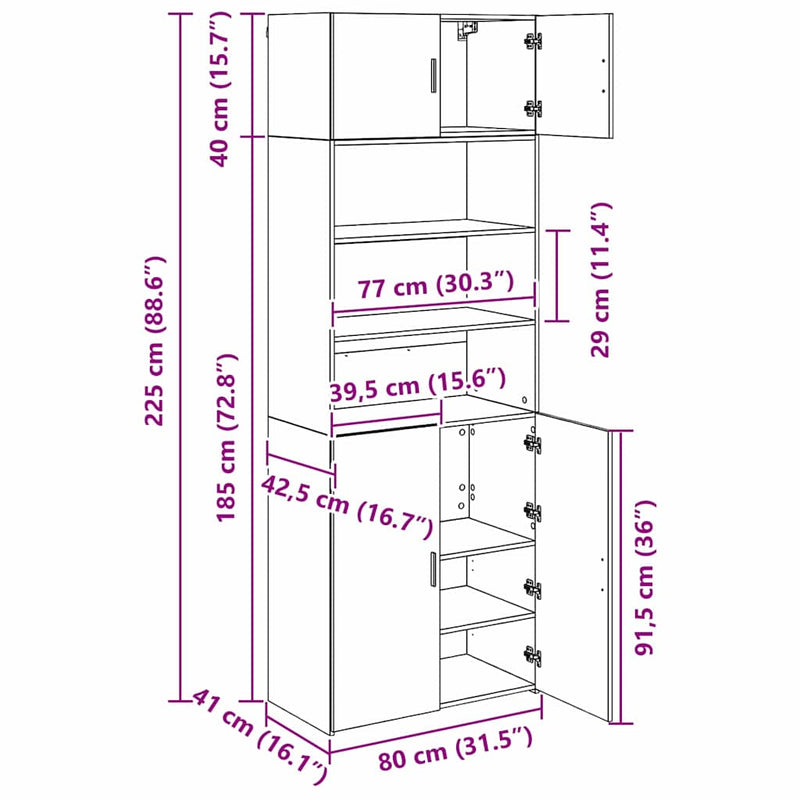 vidaXL Tárolószekrény Fekete tölgy 80 x 42,5 x 225 cm Faanyag