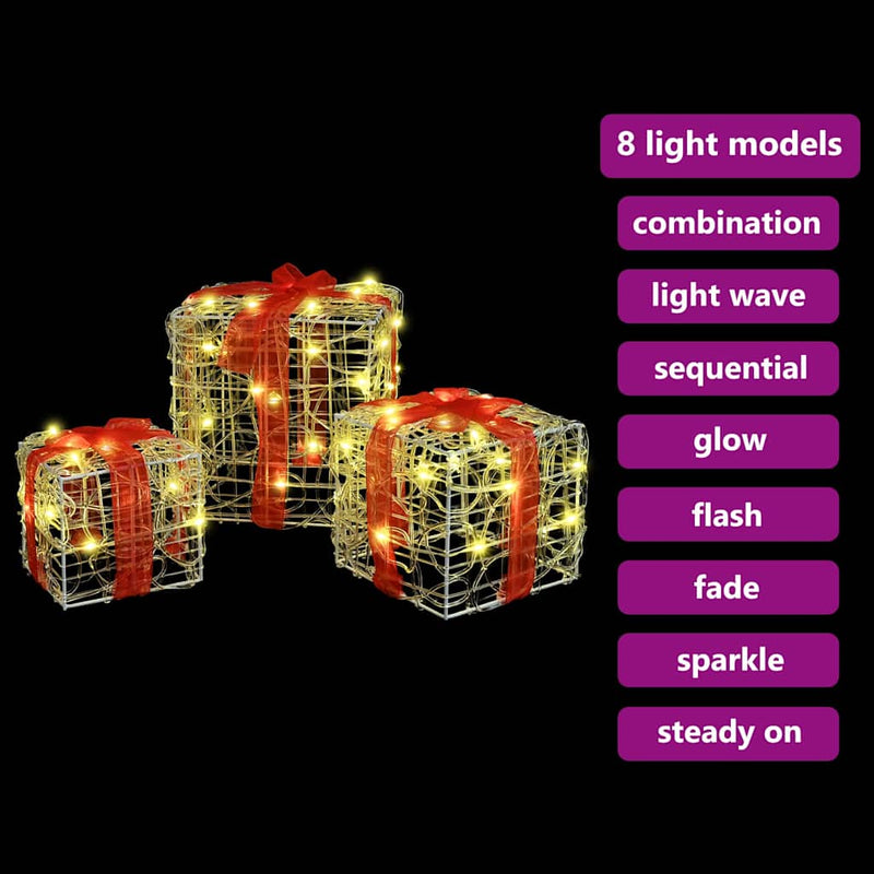 vidaXL Ajándékdoboz 60 LED-del 3 pcs Meleg fehér 20 x 20 x 20 cm Akril