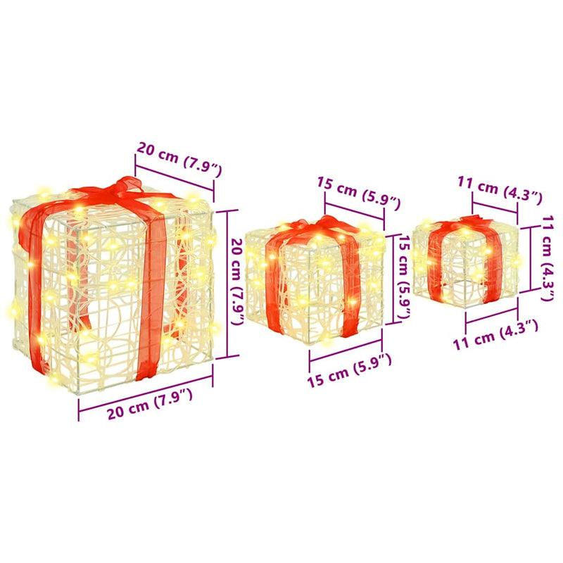vidaXL Ajándékdoboz 60 LED-del 3 pcs Meleg fehér 20 x 20 x 20 cm Akril