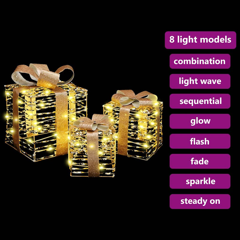 vidaXL Ajándékdoboz 60 LED-del 3 pcs Meleg fehér 20 x 20 x 20 cm PET