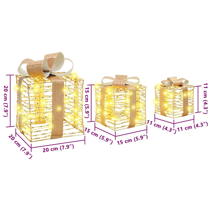 vidaXL Ajándékdoboz 60 LED-del 3 pcs Meleg fehér 20 x 20 x 20 cm PET
