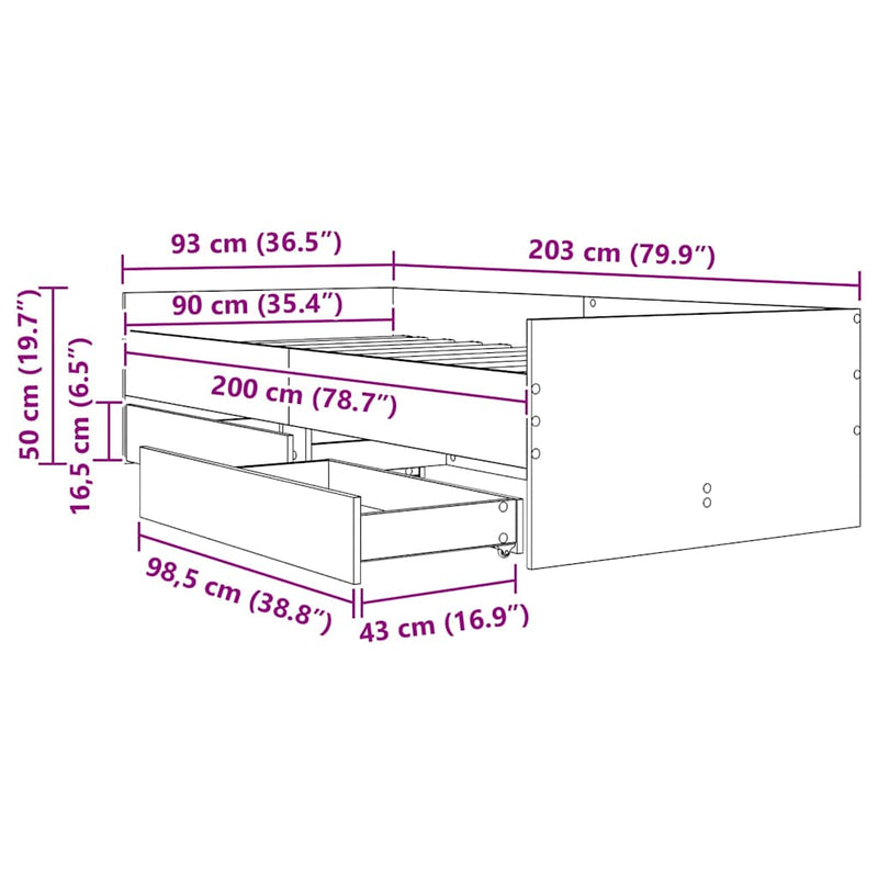vidaXL Ágykeret fiókkal Fekete tölgy 90 x 200 cm Tömör fenyőfa
