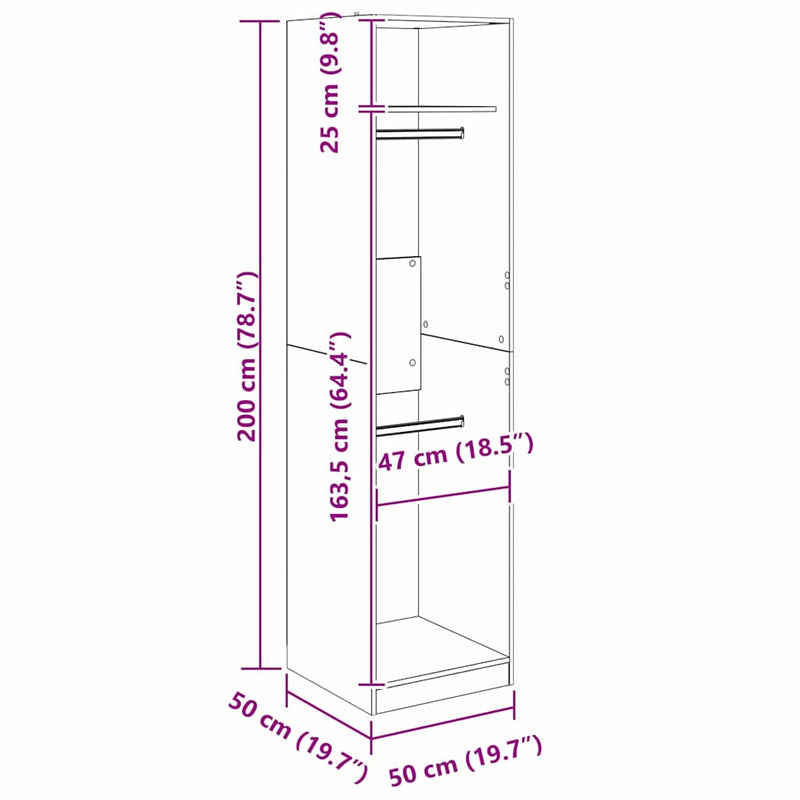 vidaXL Ruhásszekrény polcokkal Musta tammi 50 x 50 x 200 cm Faanyag