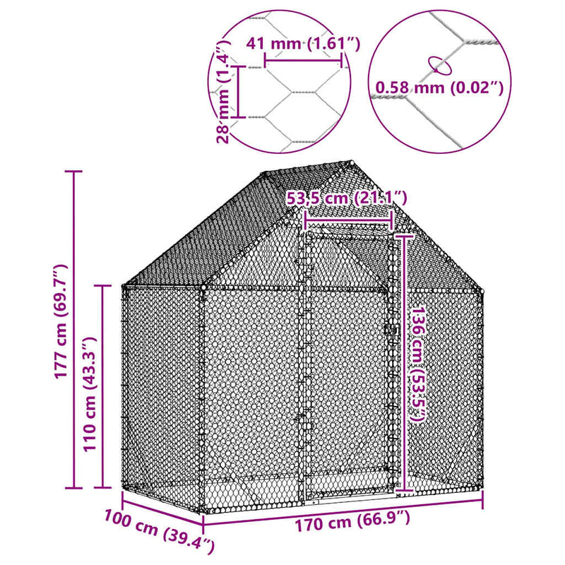 vidaXL Csirkeketrec Ezüst 170 x 100 x 177 cm Horganyzott acél