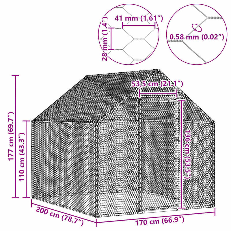 vidaXL Csirkeketrec Ezüst 200x170x177 cm Horganyzott acél