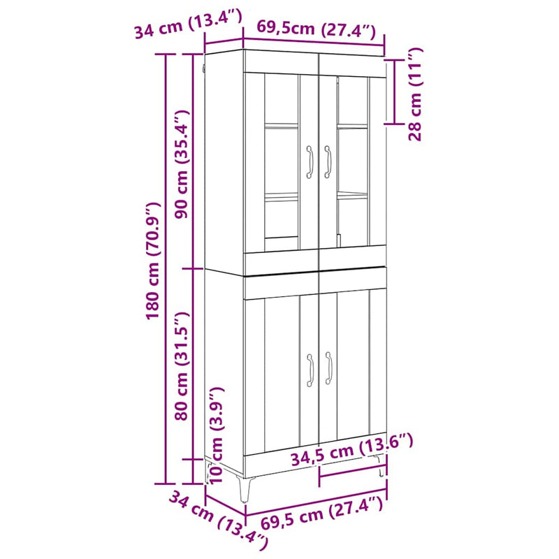 vidaXL Magasfiú Öreg fa 69,5 x 34 x 180 cm Faanyag