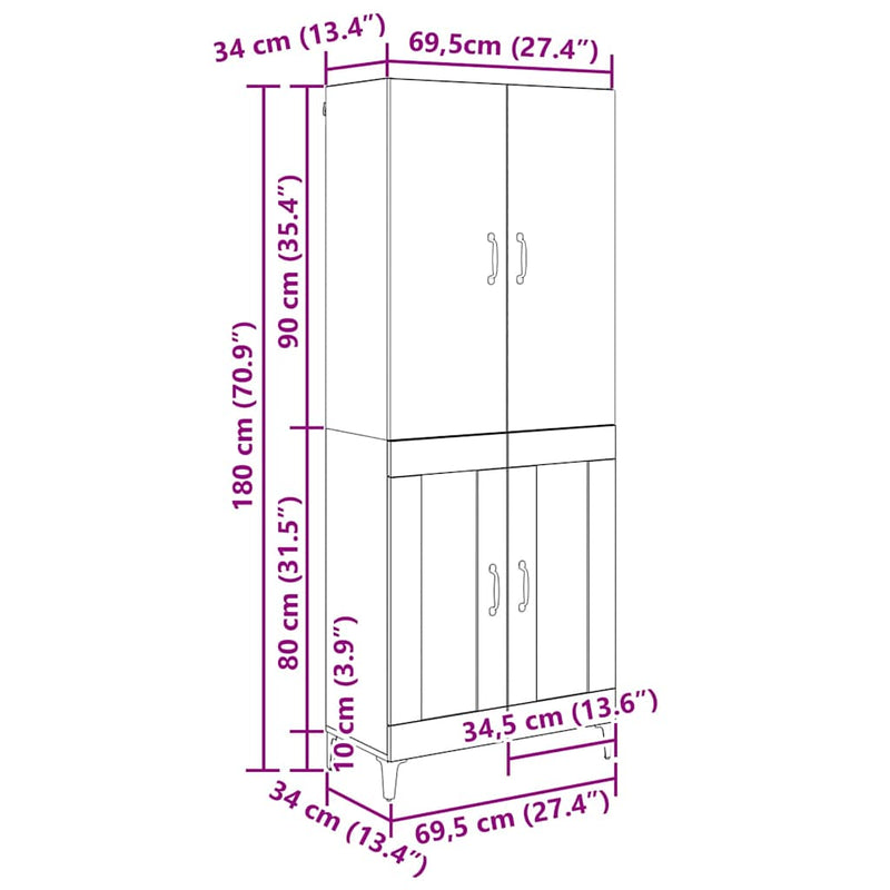 vidaXL Magasfiú Öreg fa 69,5 x 34 x 180 cm Faanyag