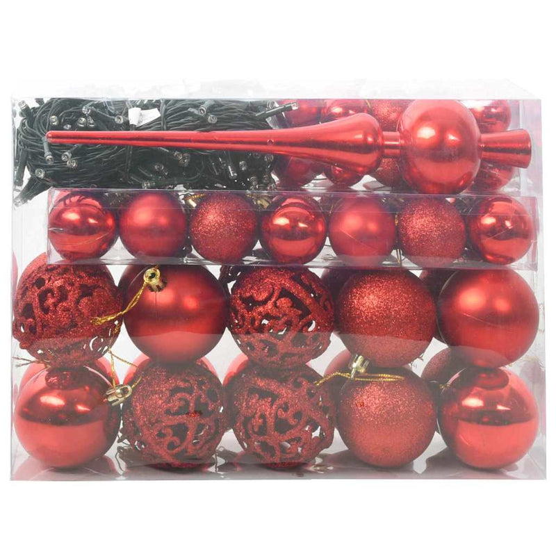 vidaXL Karácsonyi Díszgömb Készlet 150 LED-del 61 pcs Piros Műanyag