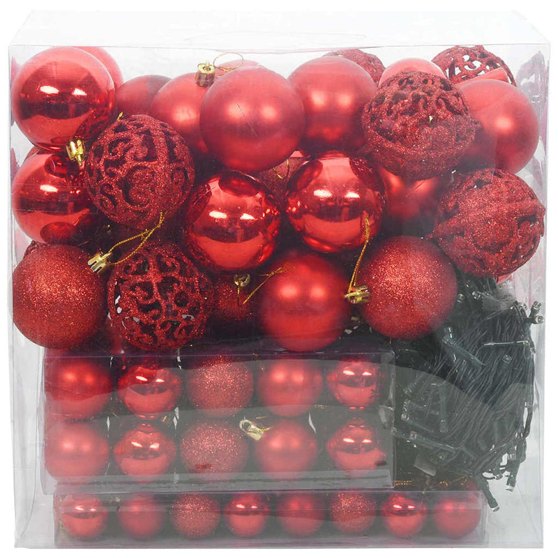 vidaXL Karácsonyi Díszgömb Készlet 300 LED-del 120 pcs Piros Műanyag
