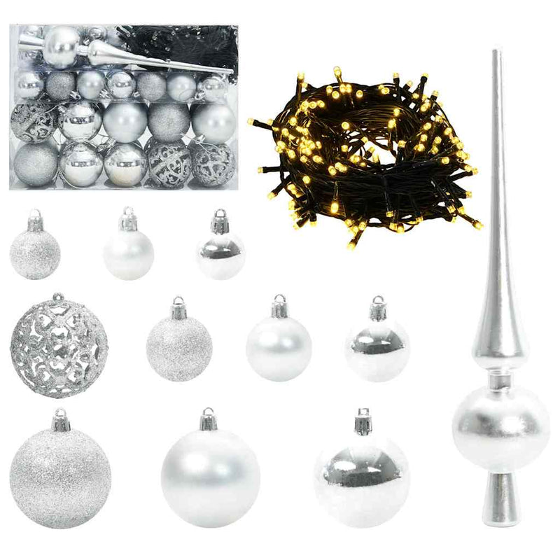 vidaXL Karácsonyi Díszgömb Készlet 150 LED-del 61 pcs Ezüst Műanyag