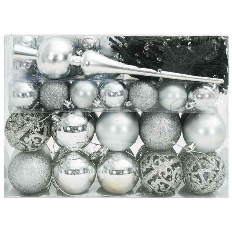 vidaXL Karácsonyi Díszgömb Készlet 150 LED-del 61 pcs Ezüst Műanyag