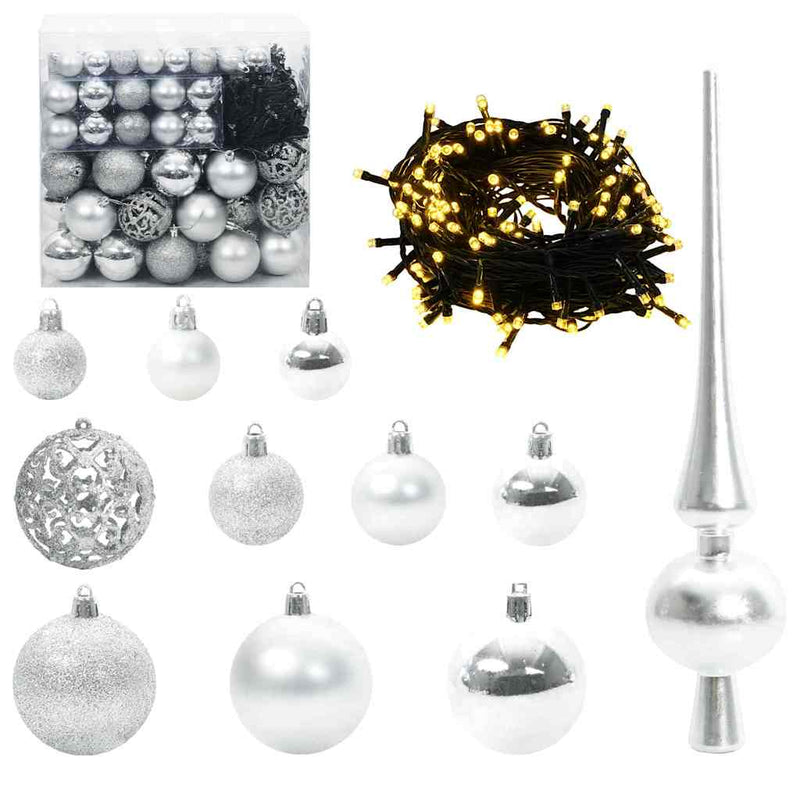 vidaXL Karácsonyi Díszgömb Készlet 300 LED-del 120 pcs Ezüst Műanyag
