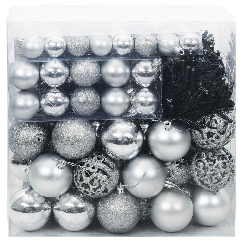 vidaXL Karácsonyi Díszgömb Készlet 300 LED-del 120 pcs Ezüst Műanyag
