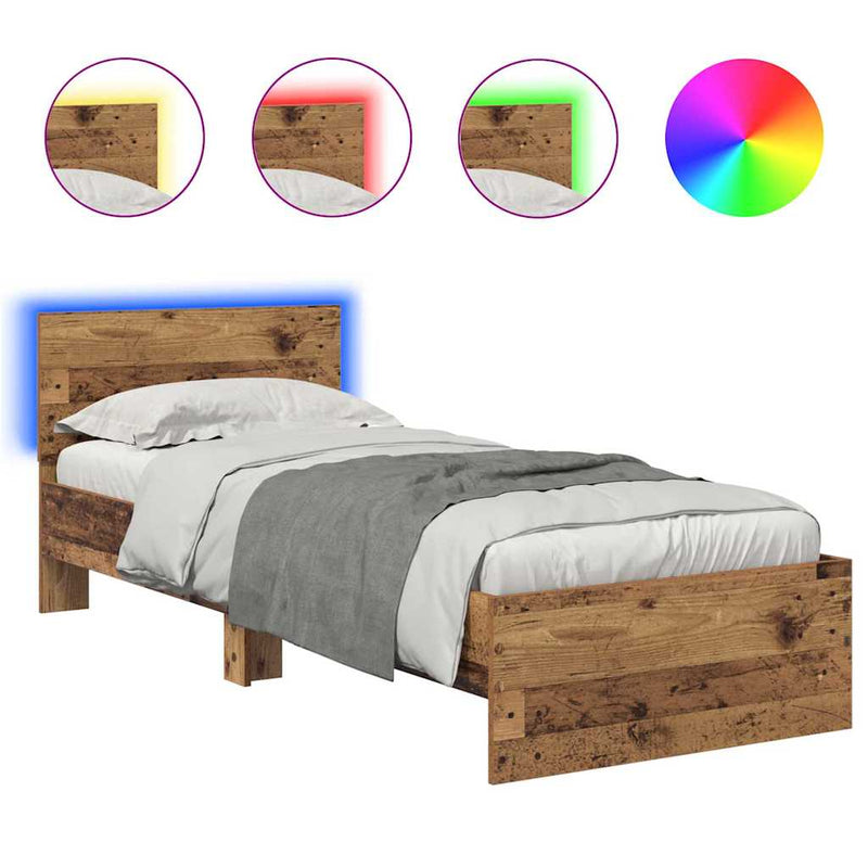 vidaXL Ágykeret LED -es lámpákkal Öreg fa 75 x 190 cm Faanyag