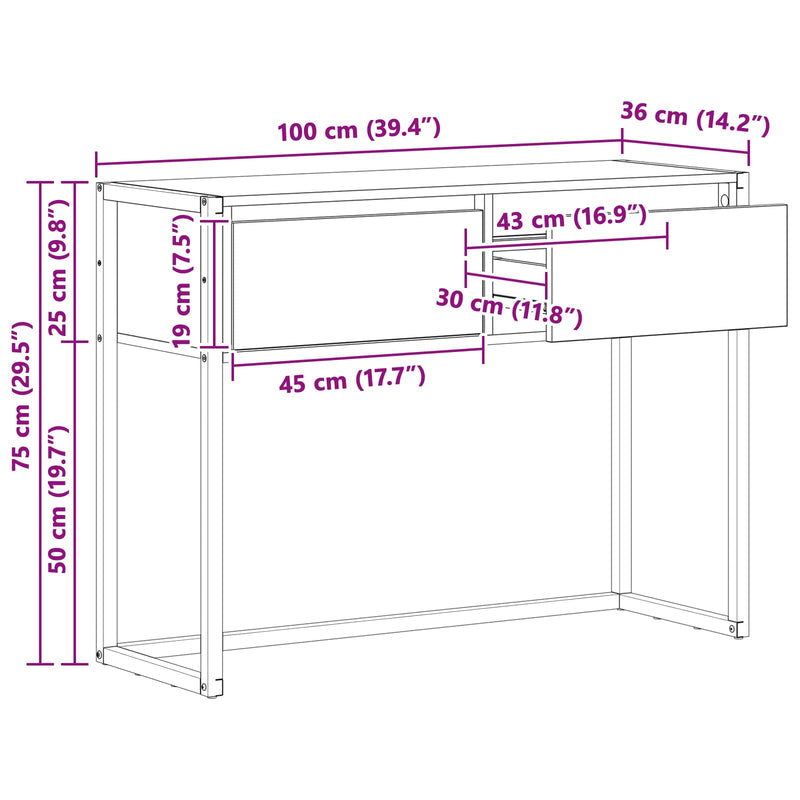 vidaXL Végasztal fiókkal Szürke Sonoma 100 x 36 x 75 cm Faanyag