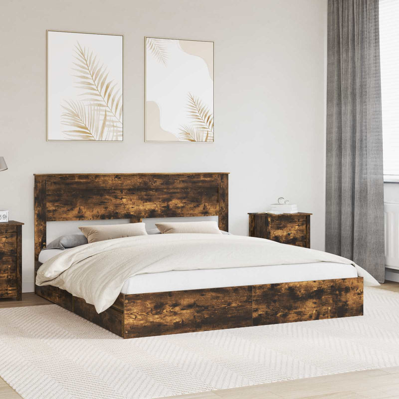 vidaXL Tárolós Ágy fejtámlával Füstölt tölgy 200 x 200 cm Faanyag