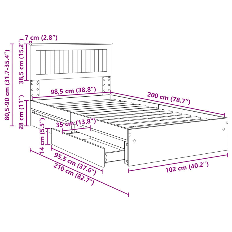vidaXL Tárolós Ágy fejtámlával fiókkal Fehér 100 x 200 cm Faanyag